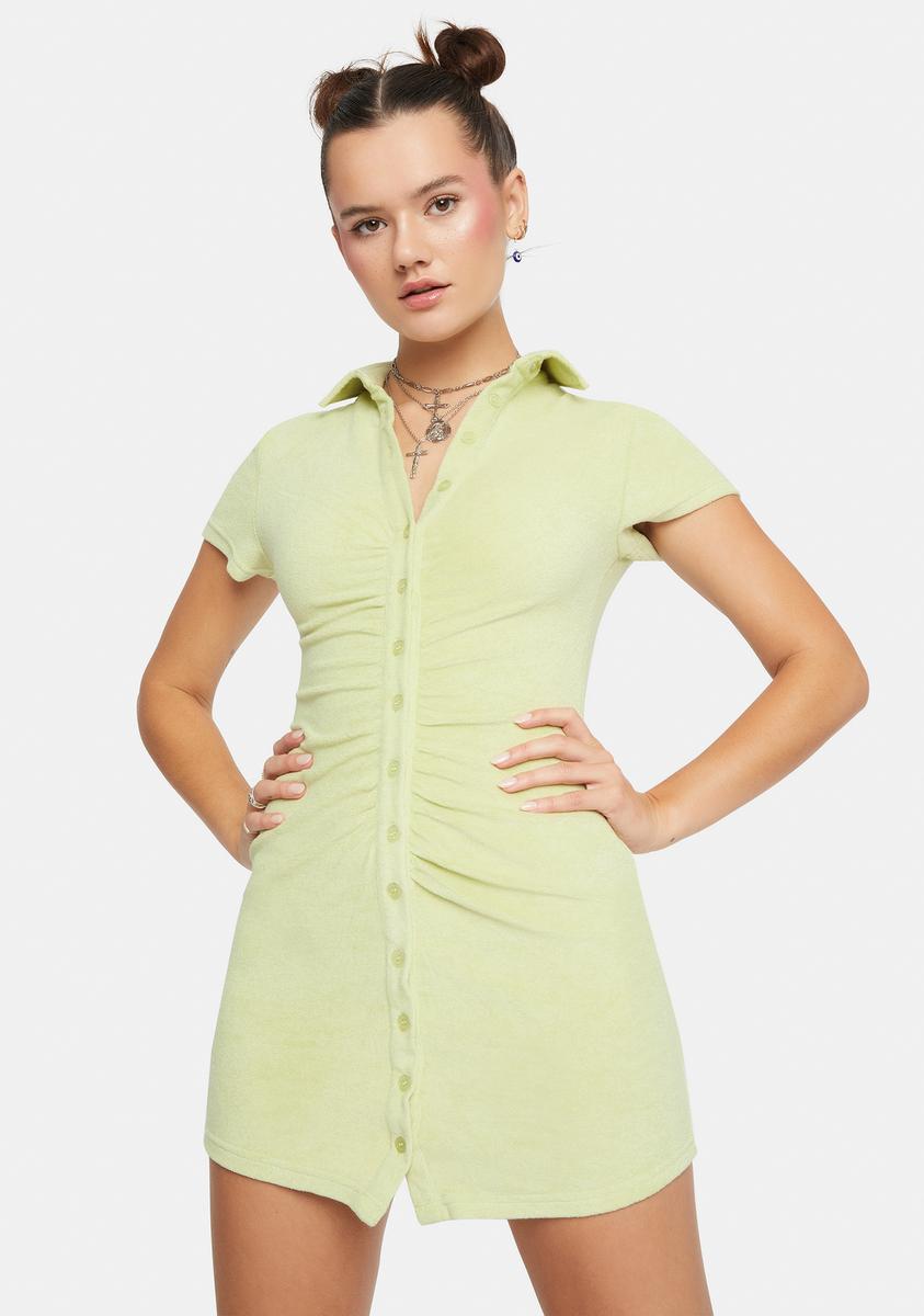 Terry Cloth Button Up Mini Dress - Green Dolls Kill Terry Cloth Button Up Mini Dress - Green Dolls Kill