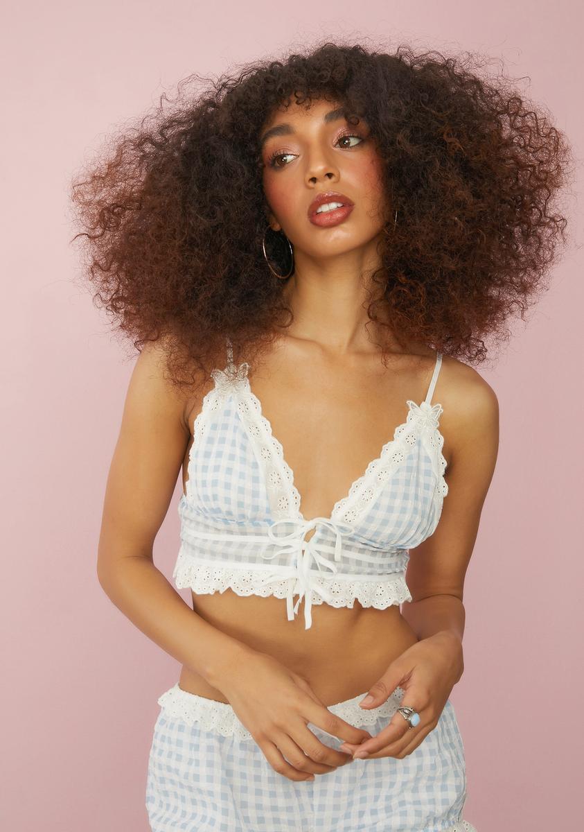 Sugar Thrillz Gingham Lace Up Bra Top - Baby Blue
