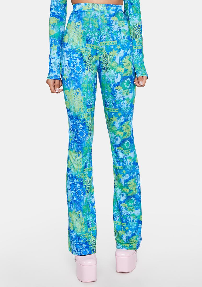 Daisy Street High-Waisted Trippy Print Flared Pants Blue/Green