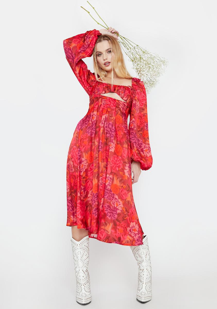 For Love & Lemons Satin Floral Shirred Midi Dress - Red Multi Dolls Kill For Love & Lemons Satin Floral Shirred Midi Dress - Red Multi Dolls Kill