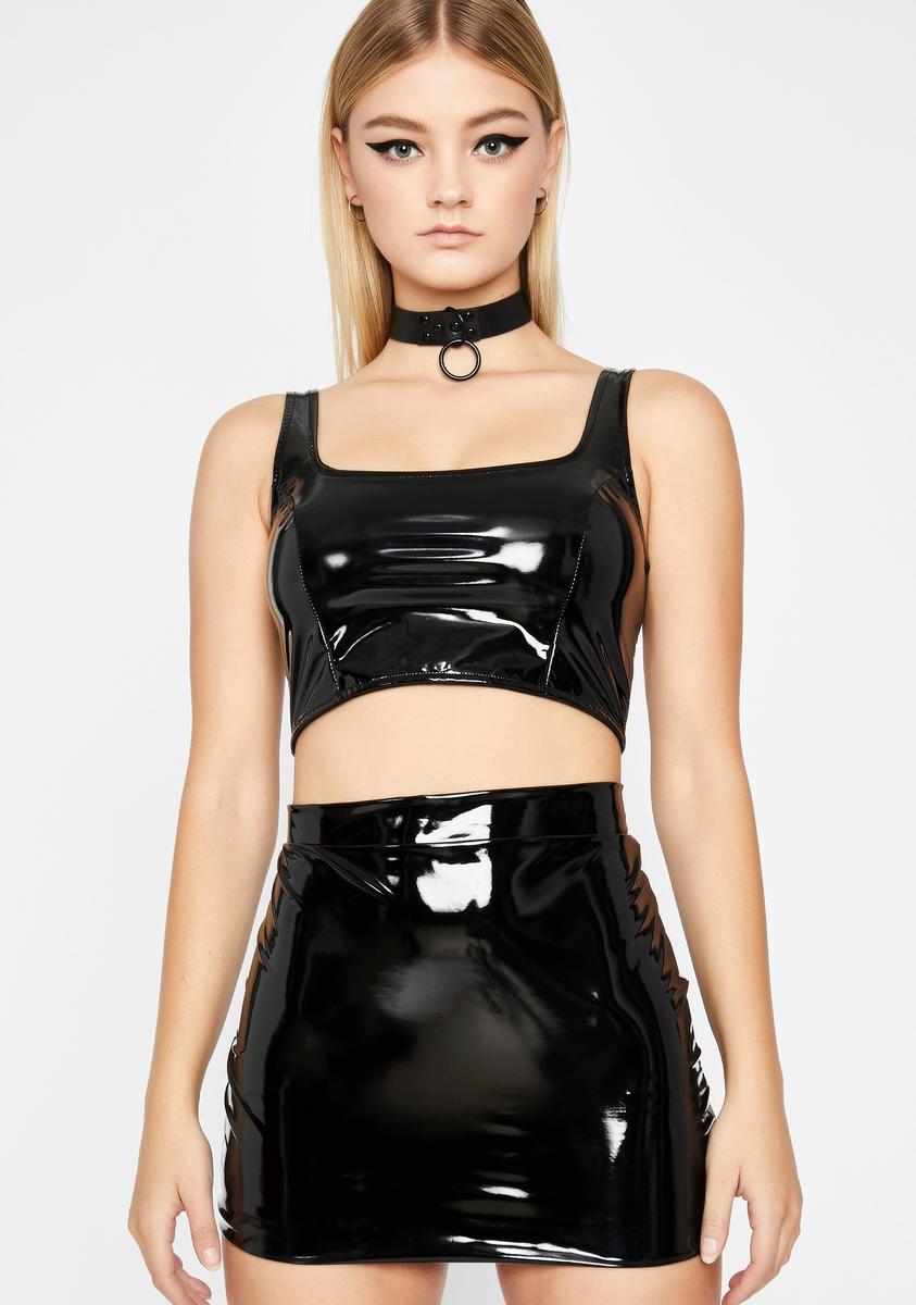 Black Vinyl Latex Crop Tank Top Back Zipper Mini Skirt Set – Dolls
