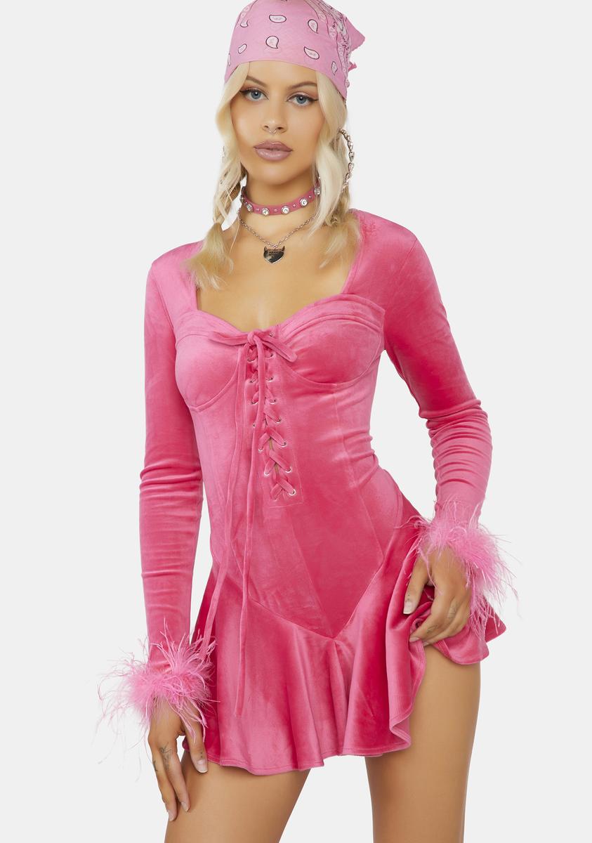 Velour Fluffy Feather Trim Micro Mini Dress