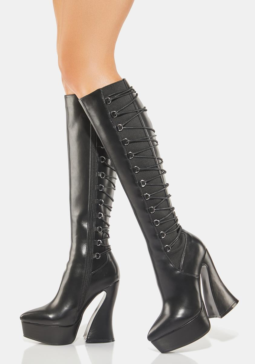 Lamoda Vegan Leather Knee High Lace Up Zipper Boots - Black – Dolls Kill