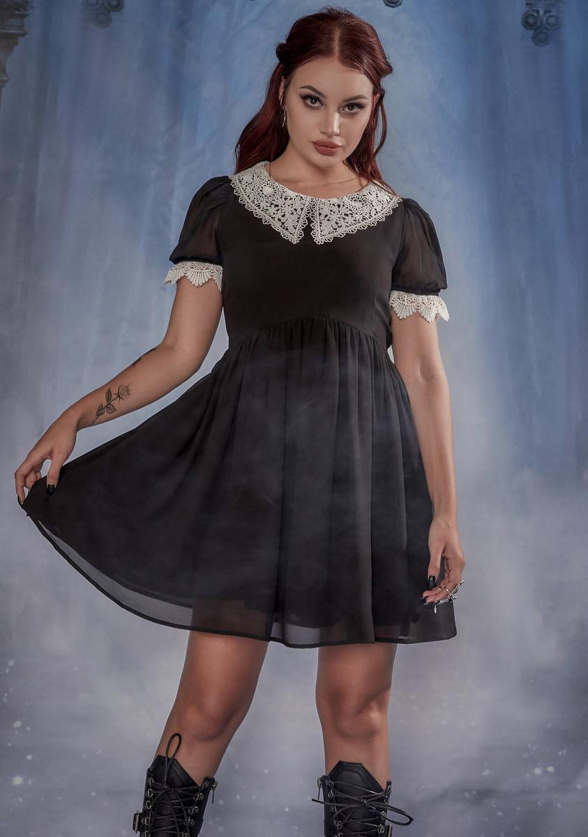 Widow Lace Collar Babydoll Mini Dress - Black