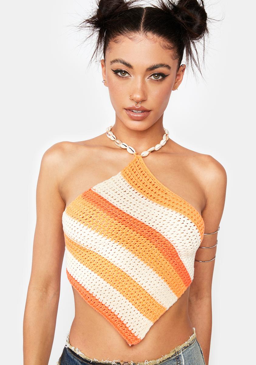 Bandana Style Striped Crochet Halter Cowrie Shell Self Tie Crop Top - Orange