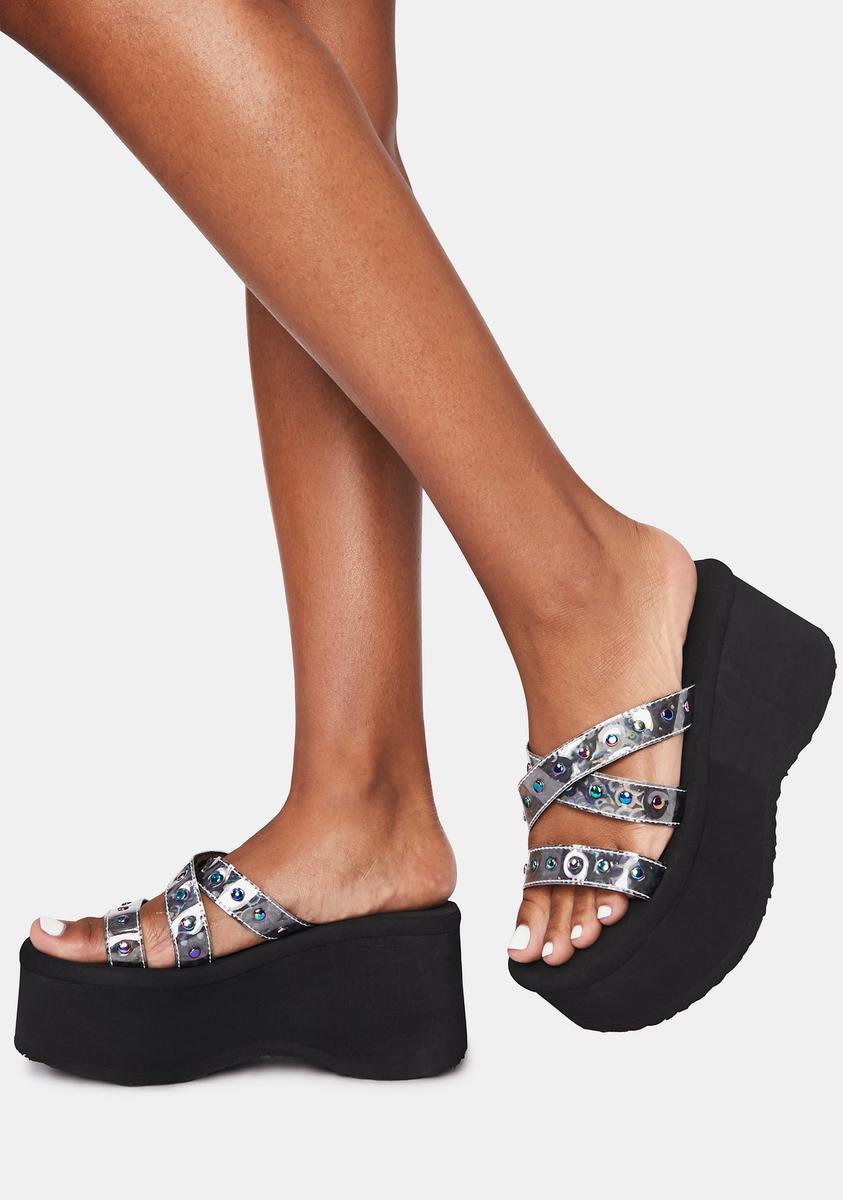 Demonia Funn 19 Platform Sandals Holographic Silver Black