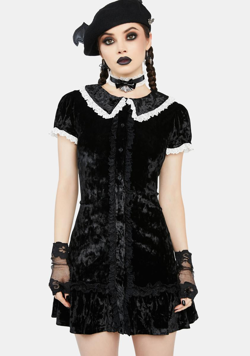 The Grave Girls Crushed Velvet Lace Mini Dress - Black