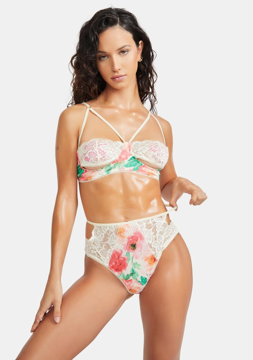 Floral Print Ribbed Lace Strappy High Cut Lingerie Set – Dolls Kill