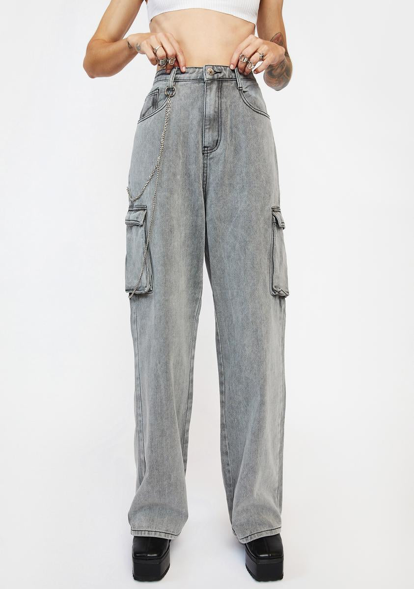 Momokrom Chain Detail Cargo Pocket Boyfriend Jeans Grey – Dolls Kill