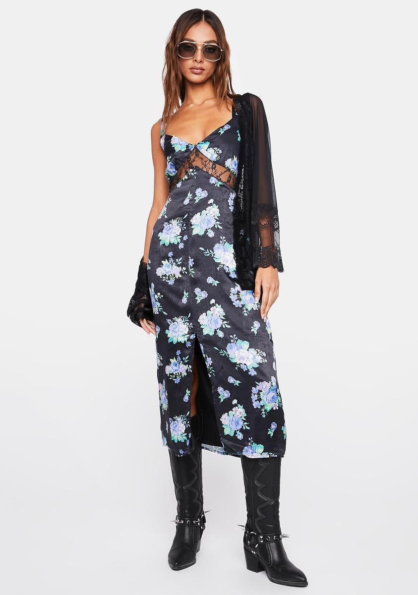 WeWoreWhat Floral Print Satin Lace Midi Dress