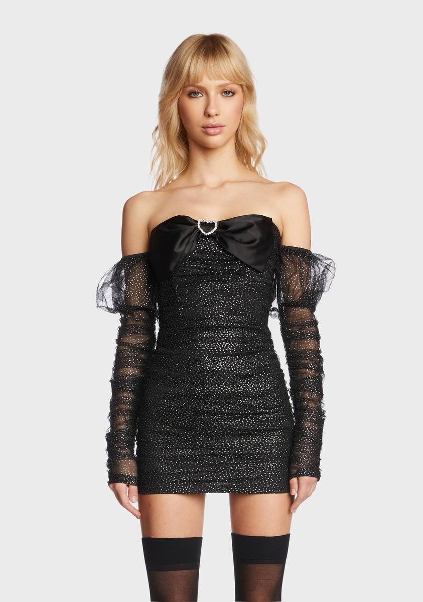 Sugar Thrillz Glitter Ruched Bow Off The Shoulder Mini Dress - Black Dolls Kill Sugar Thrillz Glitter Ruched Bow Off The Shoulder Mini Dress - Black Dolls Kill