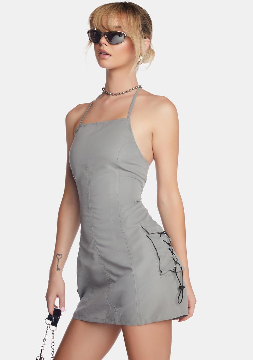 Motel Cargo Pocket Mini Halter Dress - Grey Dolls Kill Motel Cargo Pocket Mini Halter Dress - Grey Dolls Kill