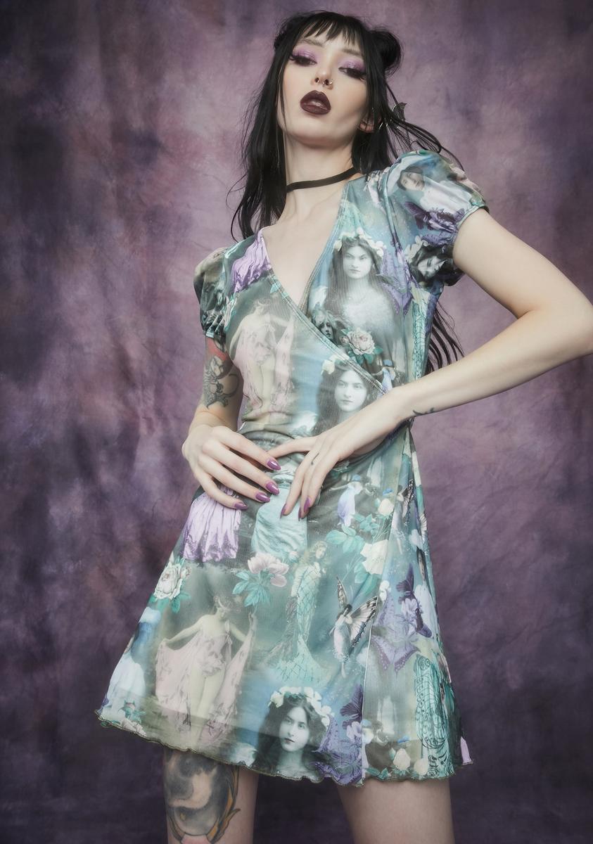 Widow Fairy Lace Portrait Print Puff Sleeve Wrap Mini Dress - Teal Dolls Kill Widow Fairy Lace Portrait Print Puff Sleeve Wrap Mini Dress - Teal Dolls Kill