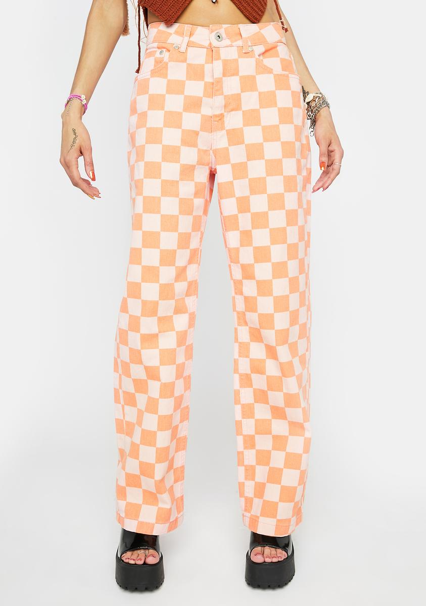 The Ragged Priest Checkered Denim Jeans Pink/Orange – Dolls Kill