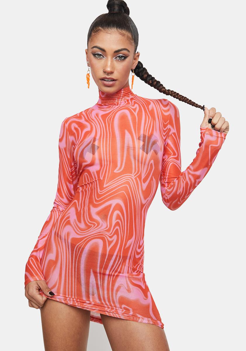trippy mesh dress Trippy Print Mesh Mock Neck Mini Dress