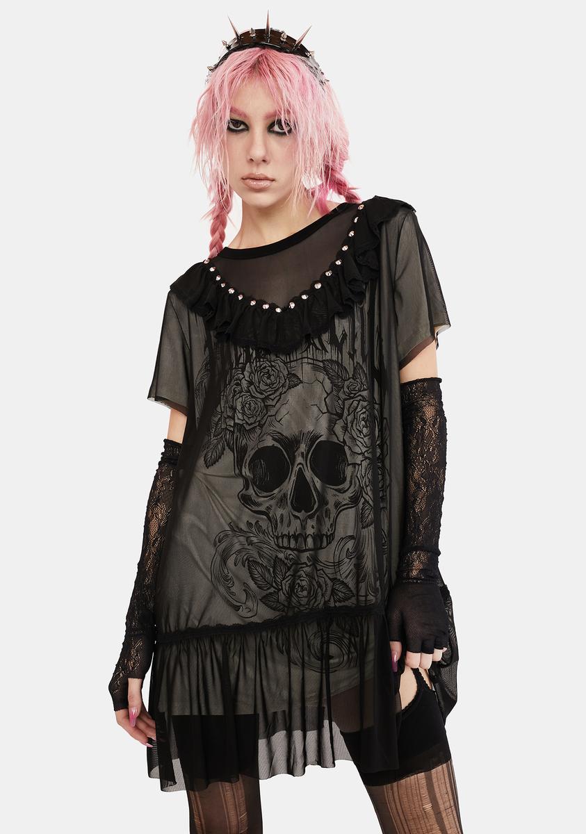 dolls kill t shirt dress Widow Goth Witch Forest Sequin Lace Shirt Dress