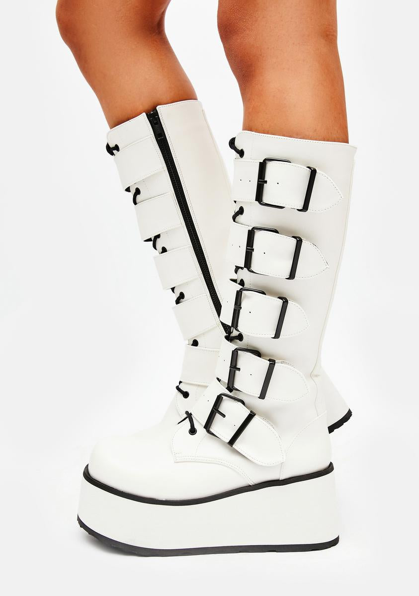 Demonia Trashville 518 Knee High Buckle Platform Boots White