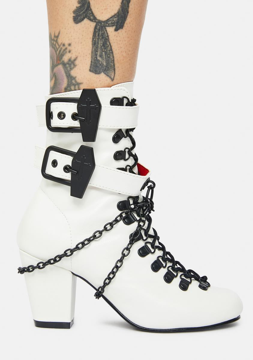 Demonia Vivika 128 Coffin Strap Chain Lace Up Boots White