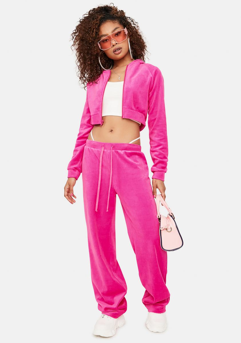 Velour Crop Hoodie And Tracksuit Pants Set - Hot Pink