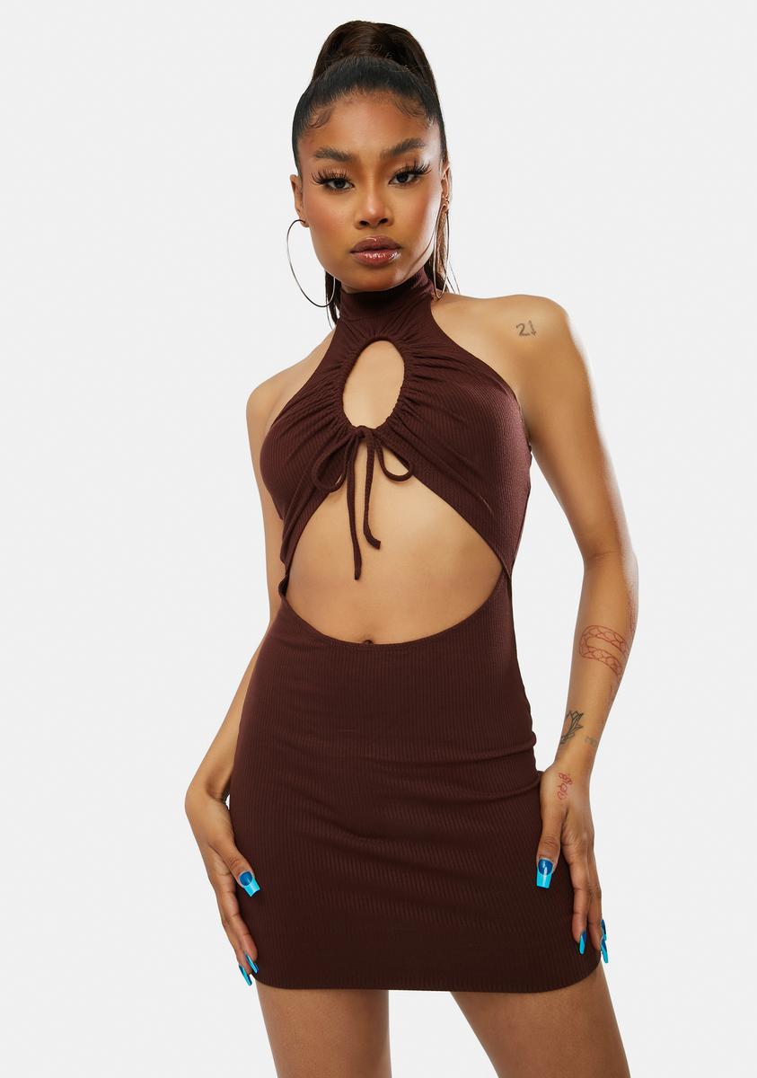 Choker Cut Out Halter Mini Dress - Brown Dolls Kill Choker Cut Out Halter Mini Dress - Brown Dolls Kill