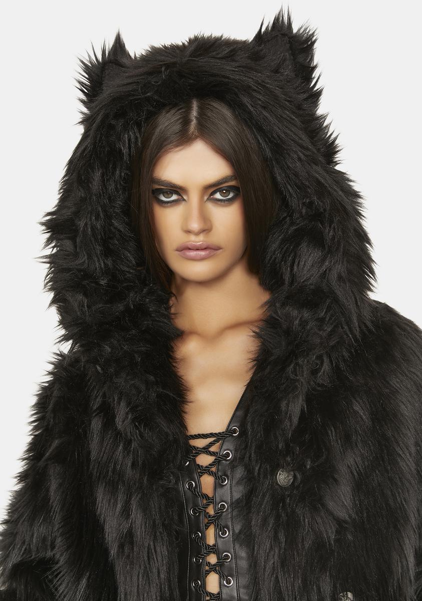 Fur Wolf Jacket With Hood FUR ACCENTS Exotic Faux Fur Shaggy Gray