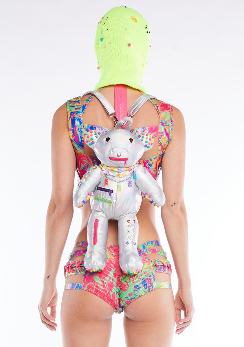 Club Exx Holographic Neon Studded Teddy Backpack Silver – Dolls Kill