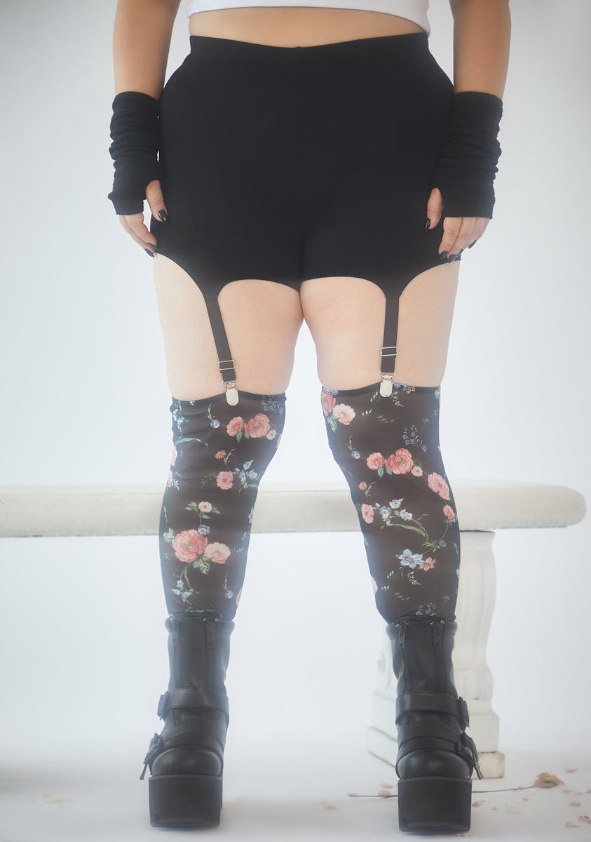 Plus Size Current Mood Floral Print Garter Leggings - Black Dolls Kill Plus Size Current Mood Floral Print Garter Leggings - Black Dolls Kill