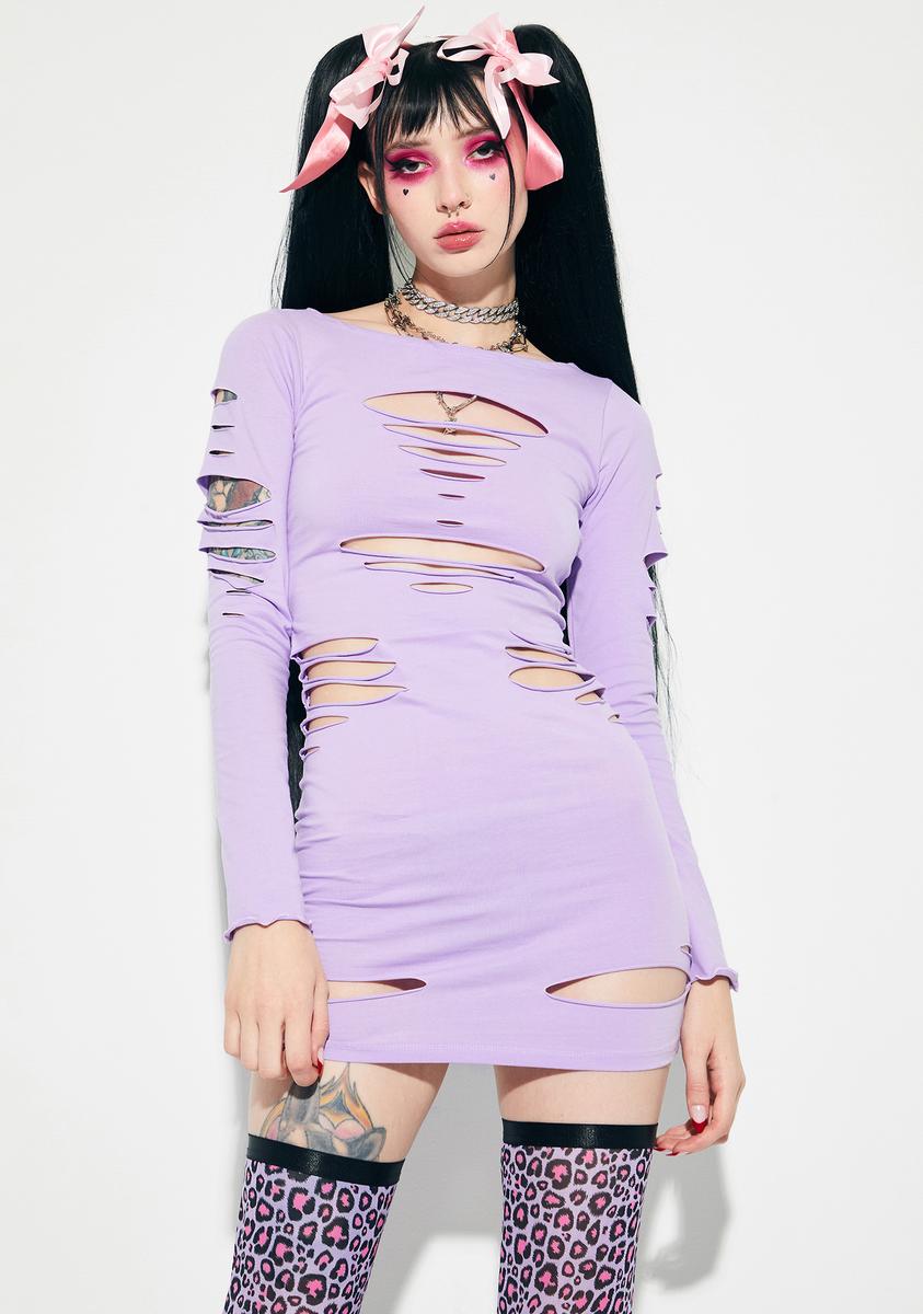 Current Mood Slashed Long Sleeve Mini Dress - Pastel Purple Dolls Kill Current Mood Slashed Long Sleeve Mini Dress - Pastel Purple Dolls Kill