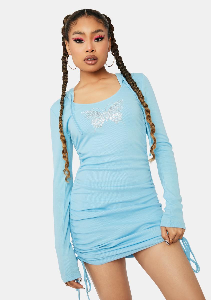 Ribbed Knit Ruched Dress With Rhinestone Butterfly - Blue  Dolls Kill