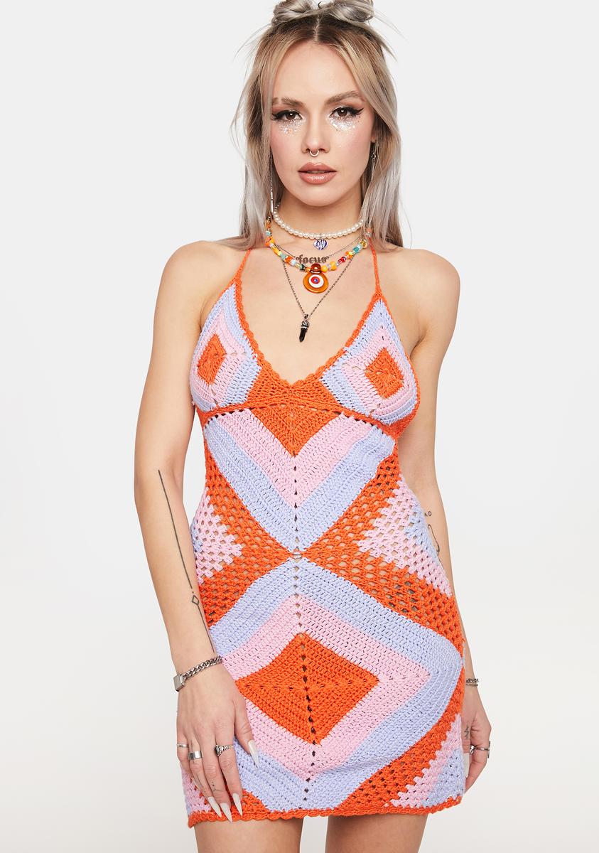 Diamond Crochet Halter Mini Dress - Orange Multi Dolls Kill Diamond Crochet Halter Mini Dress - Orange Multi Dolls Kill