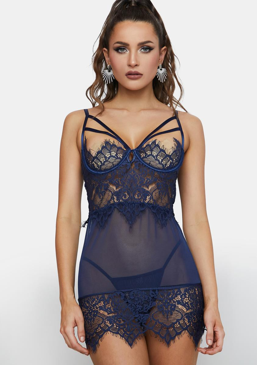 Mesh Lace Babydoll With Demi Bra Cups And G String Set - Blue  Dolls Kill