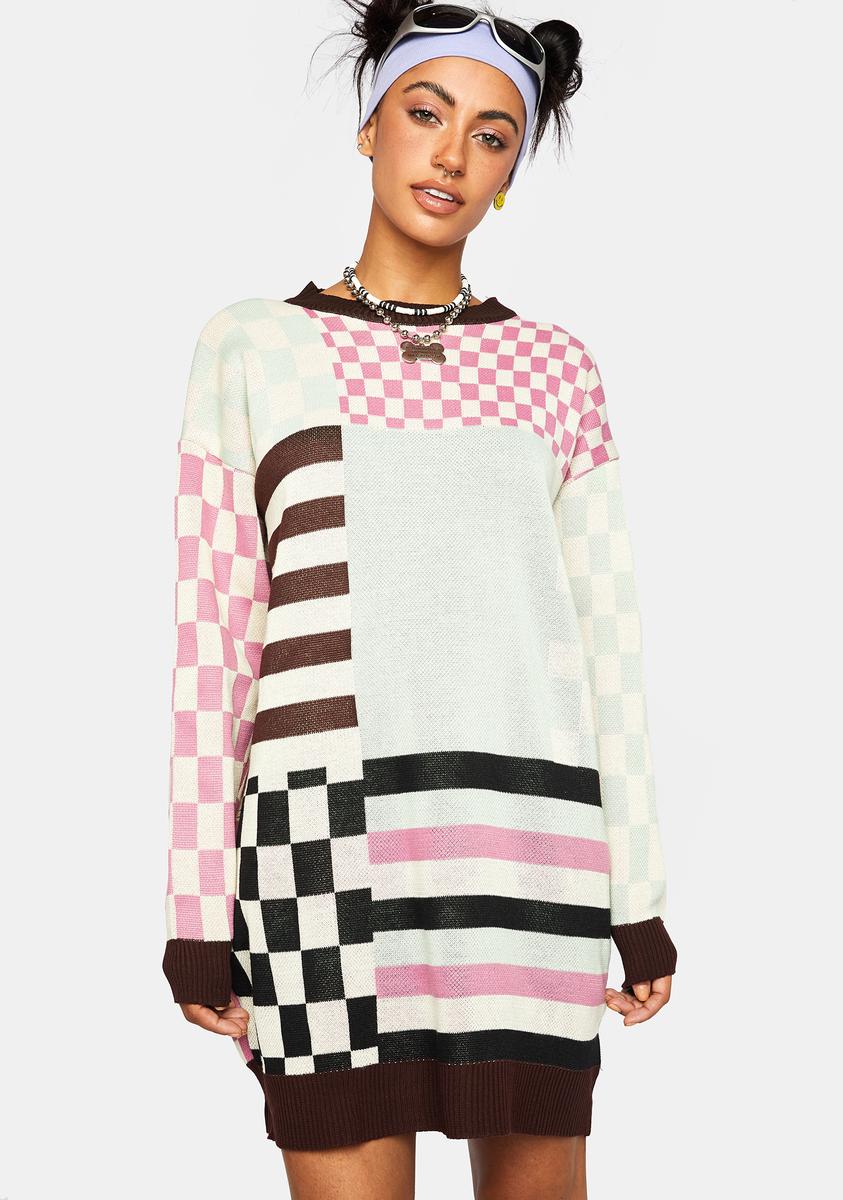 Daisy Street Checkered Striped Sweater Dress - Green/Pink/Brown/Black Daisy Street Checkered Striped Sweater Dress - Green/Pink/Brown/Black