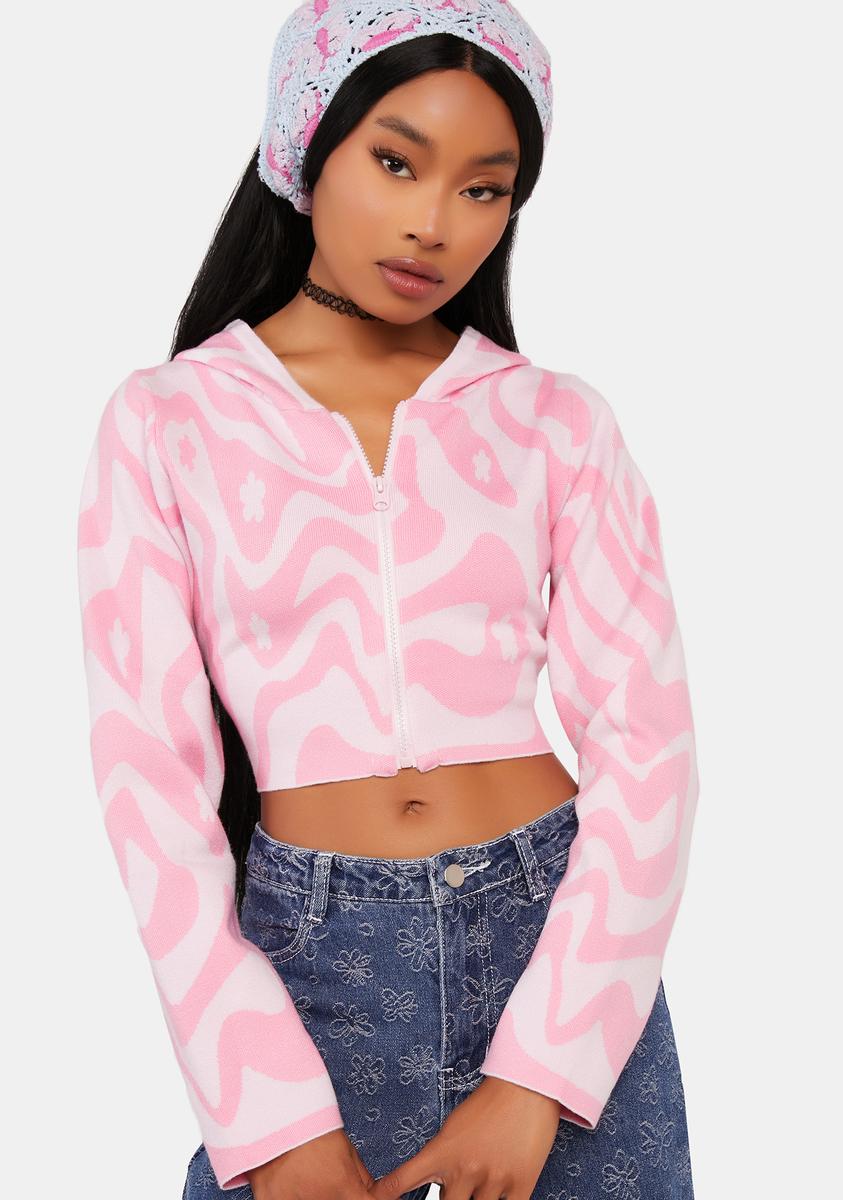 Pink Cropped Tie Dye Zip Up Hoodie Swirl Print Crop Zip Sweatshirt
