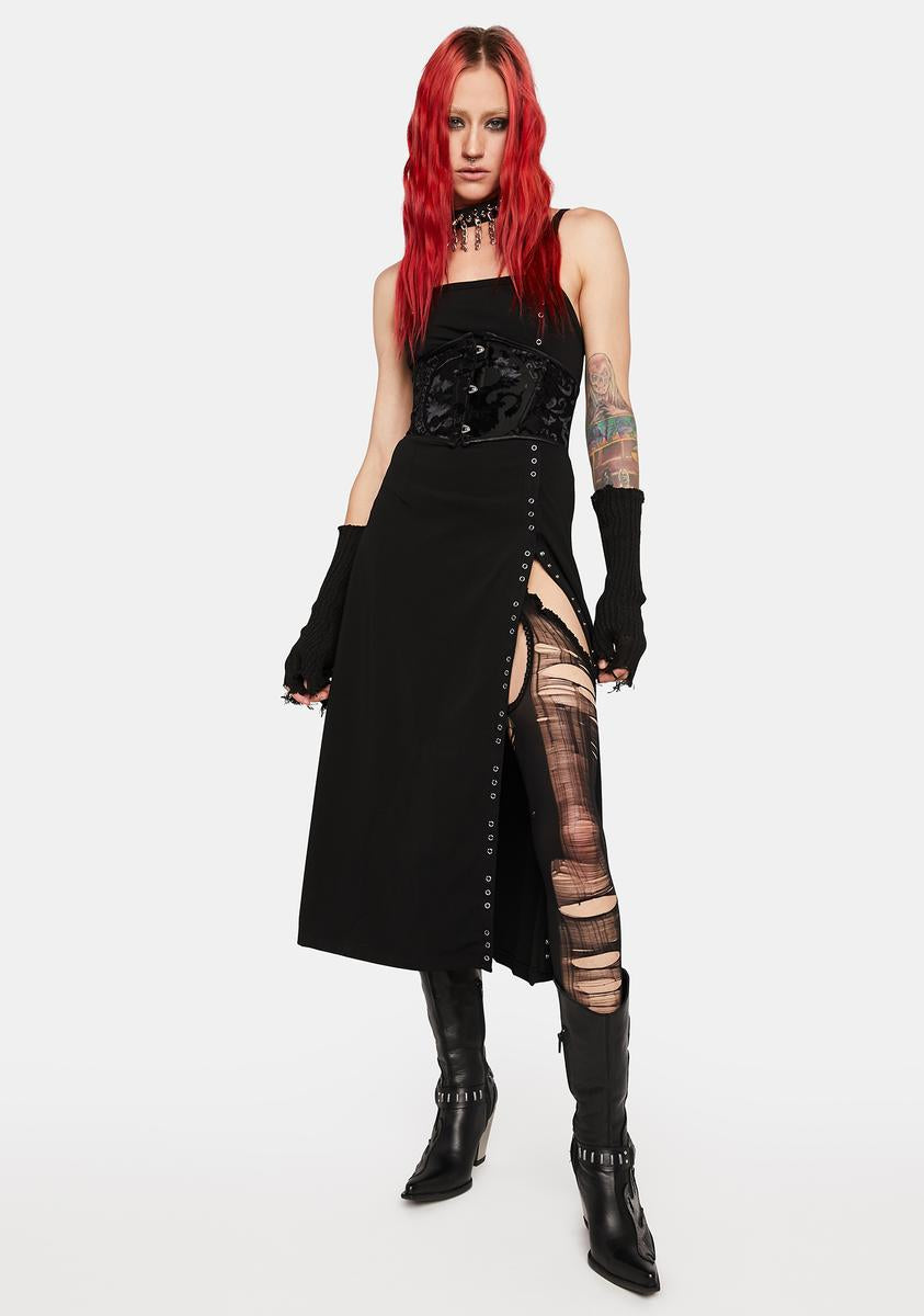 Punk Rave Snap Button Side Slit Midi Dress
