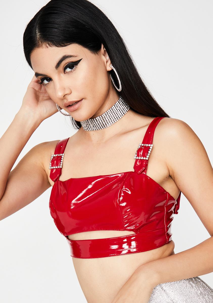 Red Shiny Vinyl PVC Latex Rhinestone Buckle Crop Tank Top