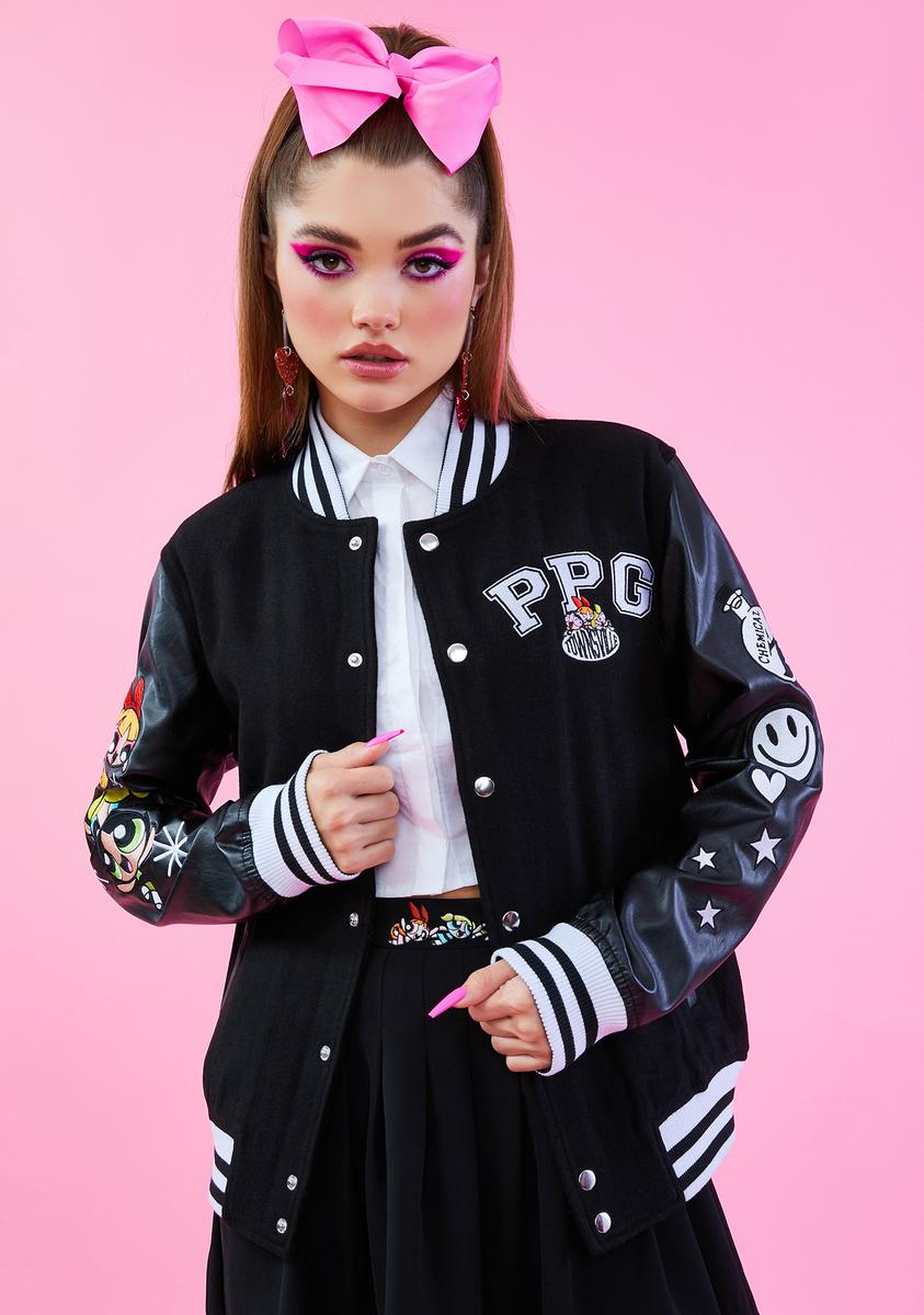 Baseball Jacket Black And Pink Varsity Jacket Women Crop Top Classic Style Pink Wool Black Genuine Leather Sleeves Varsity Letterman Baseball Jacket