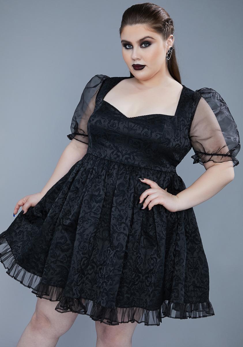 Plus Size Widow Brocade Puff Sleeve Babydoll Dress - Black