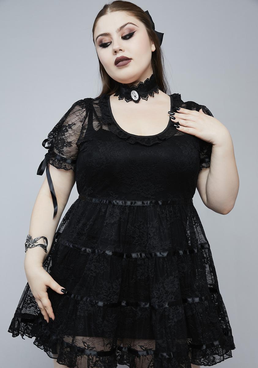 Gothic Wedding Plus Size Goth Dress Plus Size Widow Lace Satin Ribbon Puff  Sleeve Mini Dress