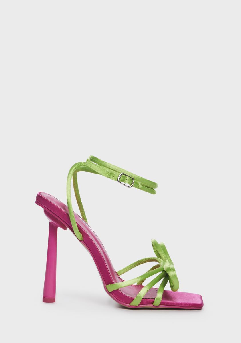 Public Desire Satin Open Toe Bow Heels - Pink/Green Dolls Kill Public Desire Satin Open Toe Bow Heels - Pink/Green Dolls Kill