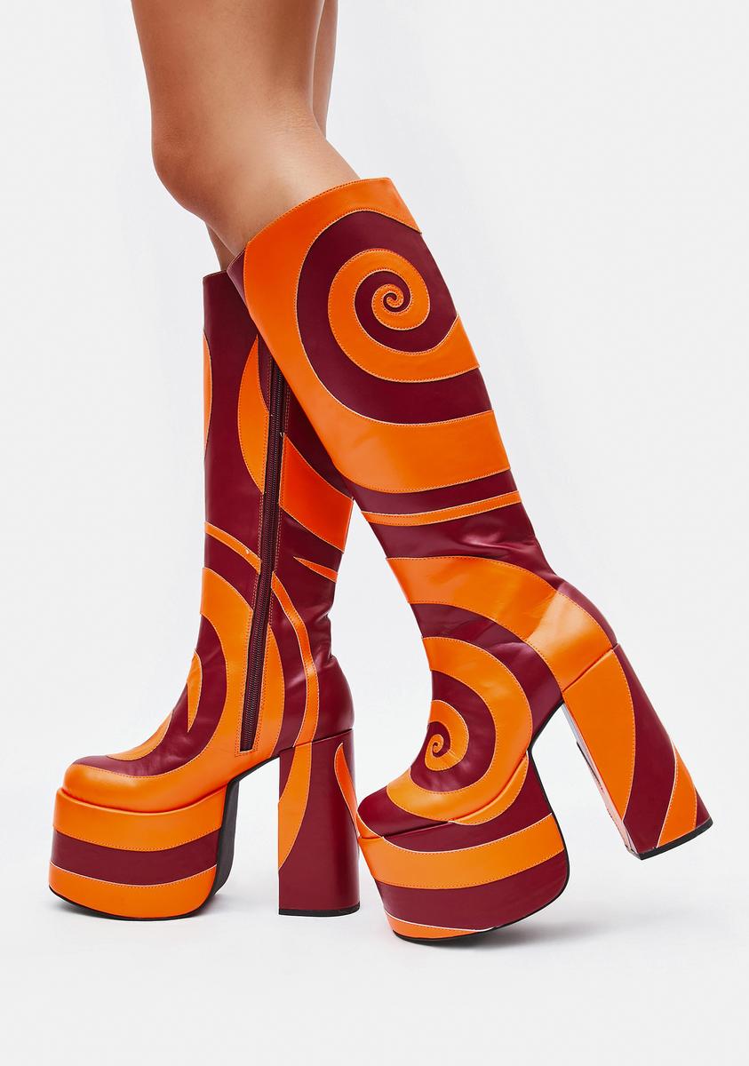 Current Mood Swirl Applique Faux Leather Knee High Boots - Orange