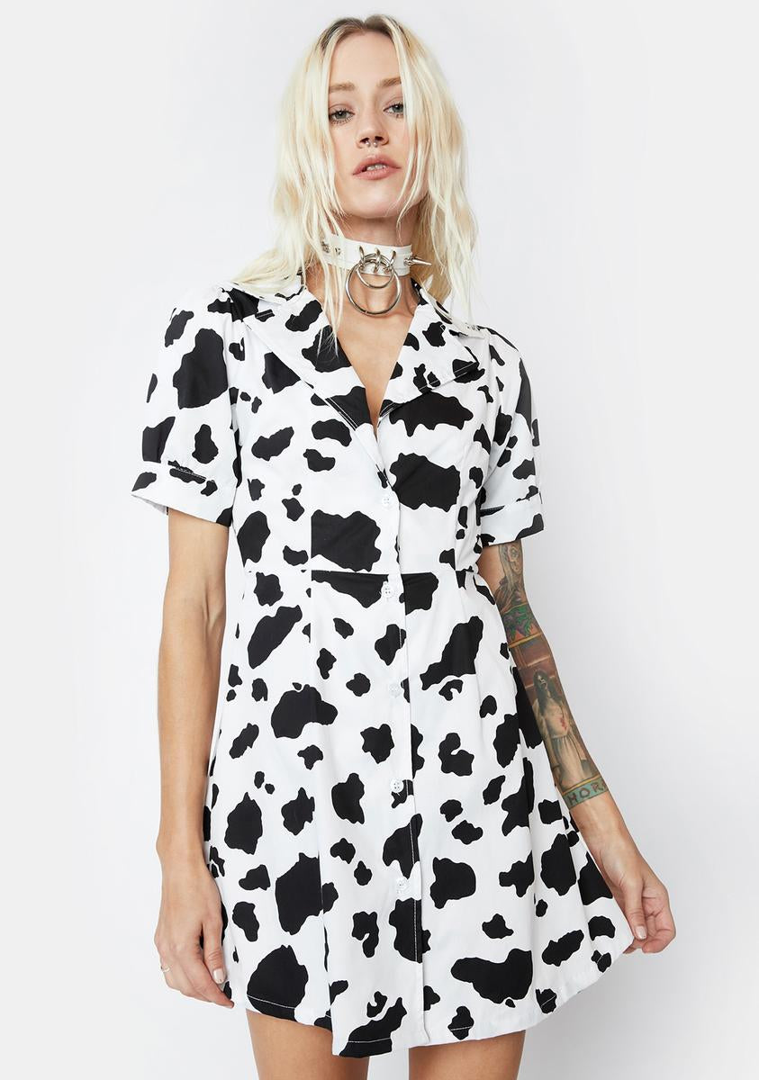 Cow Print Mini Shirt Dress - Black/White  Dolls Kill