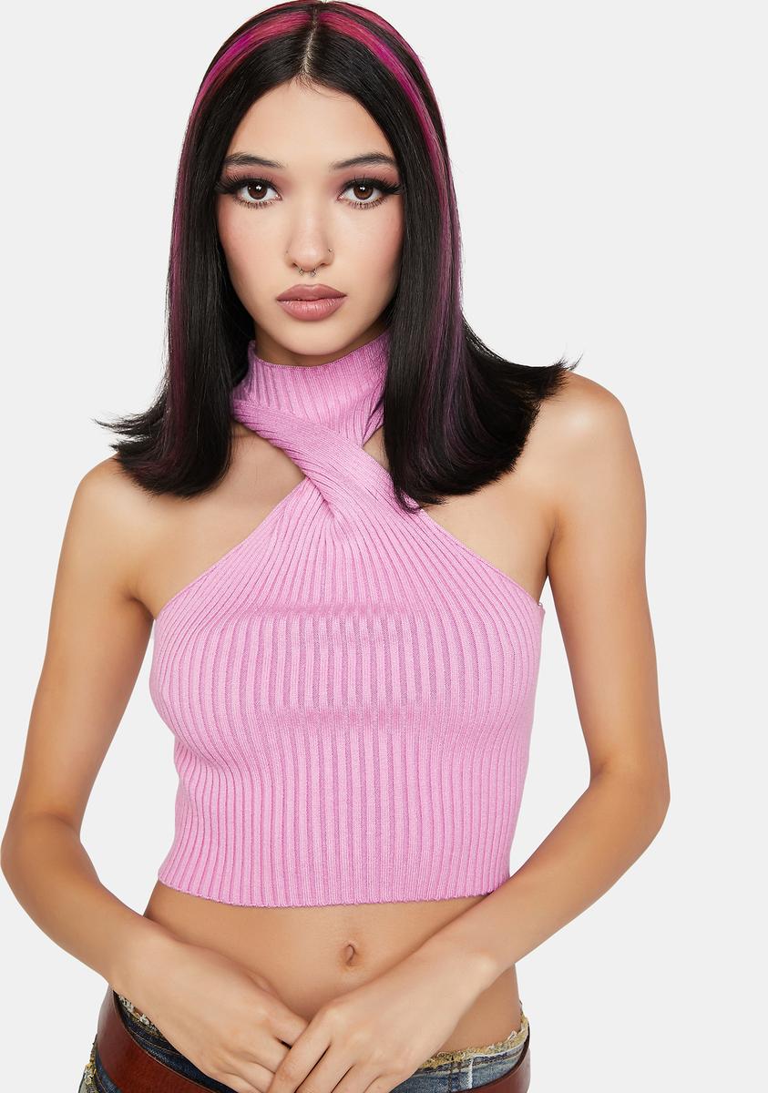 Ribbed Knit Sleeveless Turtleneck Crop Top Pink – Dolls Kill