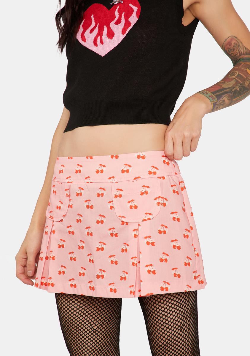 Another Girl Cherry Print Pleated Low-Rise Mini Skirt - Pink/Red