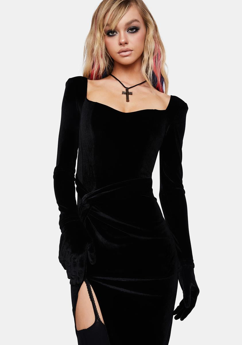 Velvet Sweetheart Long Sleeve Slit Midi Dress - Black