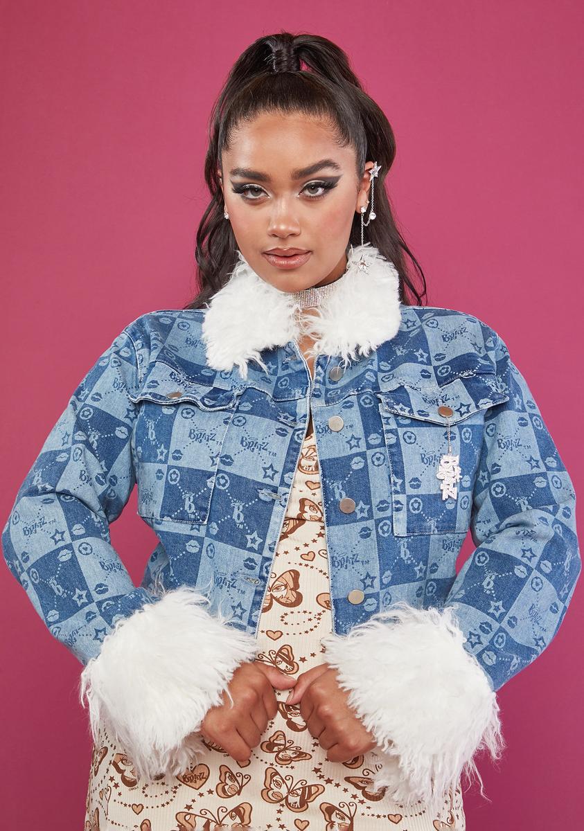 Plus Size Dolls Kill x Bratz Checkered Icons Cropped Faux Fur Denim Jackets