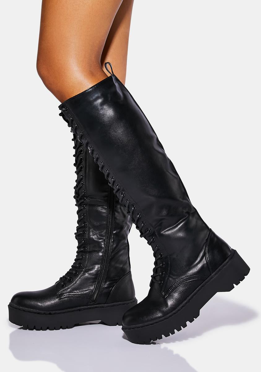 Vegan Leather Lace Up Knee High Platform Boots - Black – Dolls Kill