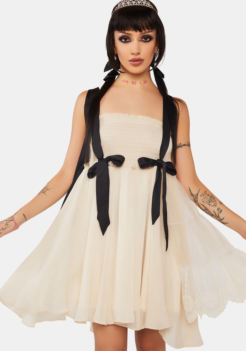 Punk Rave Shirred Strappy Bow Mini Dress - Off White Dolls Kill Punk Rave Shirred Strappy Bow Mini Dress - Off White Dolls Kill