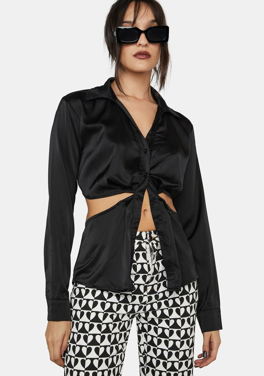 Cut Out Button Up Shirt - Black Satin – Dolls Kill