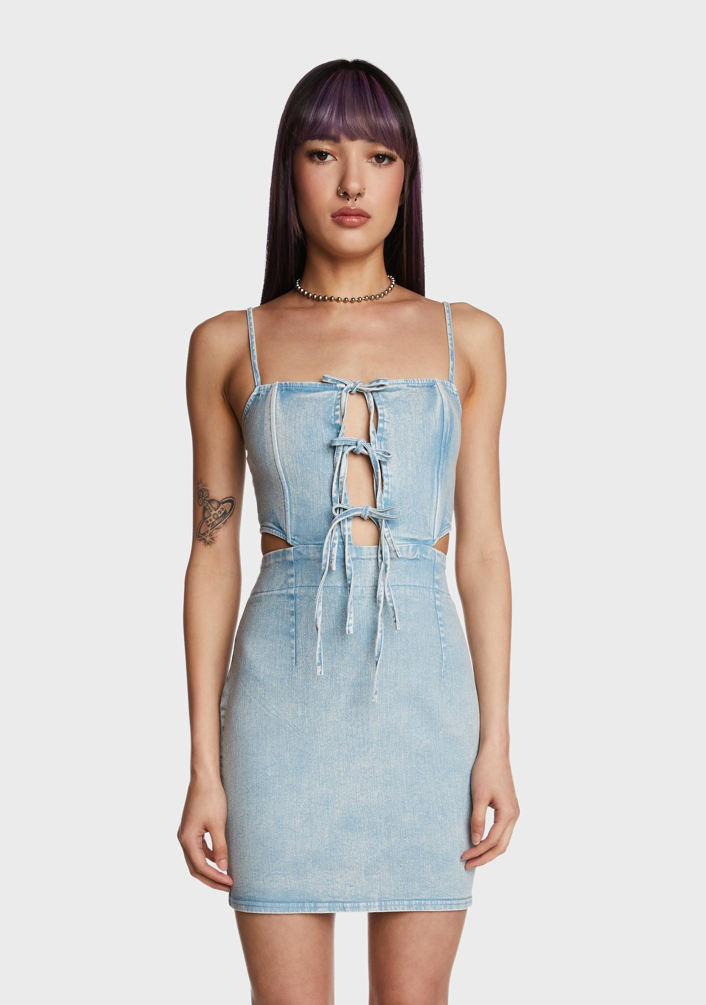 Denim Mini Dress With Self Tie Closures Light Blue Dolls Kill