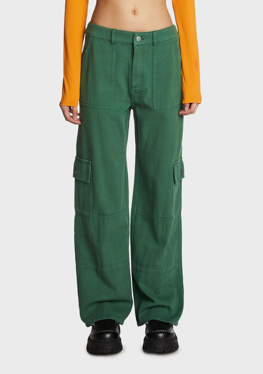 Loose Twill Cargo Pants - Green